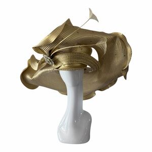 Donna Vinci Couture 24” Gold Wide Brim Hat w/ Rhinestones, Brooch and Feathers